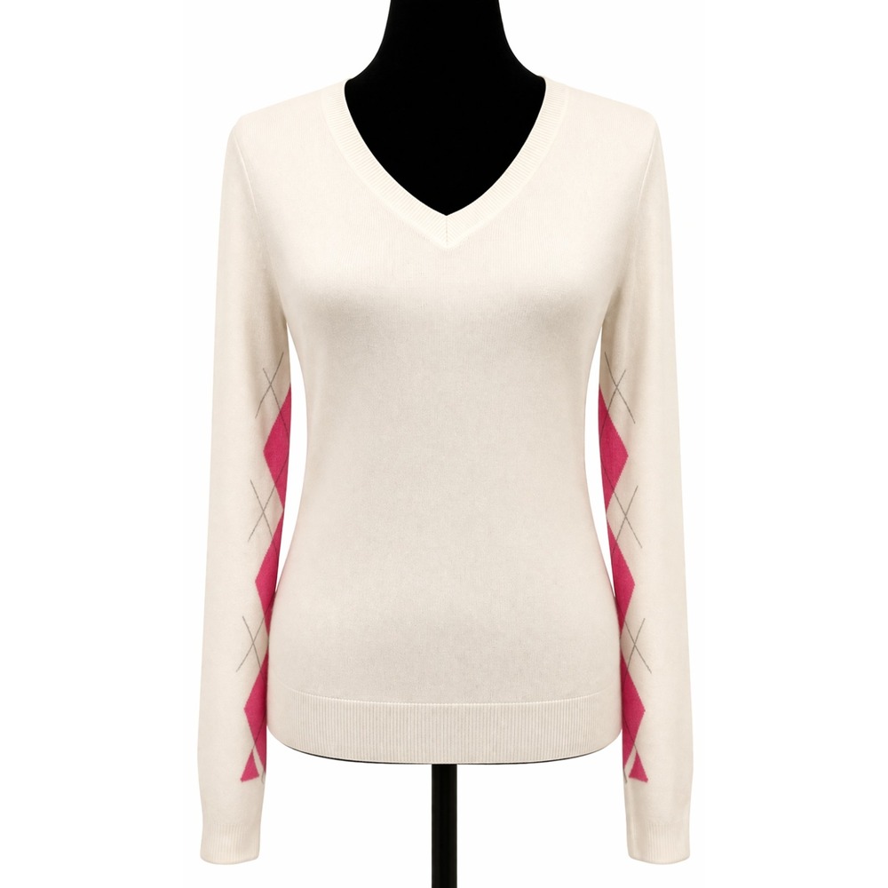 Greg Norman Womens Golf Sweater Large White Pink Argyle Long Sleeve Cotton